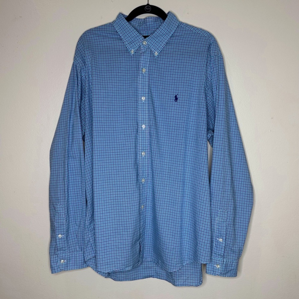 Ralph Lauren Button Down Shirt Blue Gingham Plaid Long‎ Sleeve Cotton size XXL